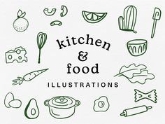 the words kitchen and food illustrations are drawn in green ink on a white paper background