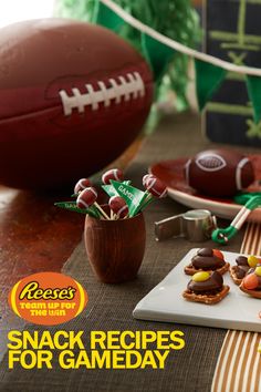 an advertisement for the go the extra yard snack recipes for gameday with footballs and candy