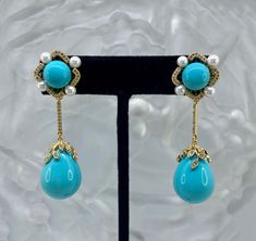 Turquoise enamel drop earrings, gold plated with cubic zirconia and water pearls Elegant Turquoise Clip-on Earrings, Elegant Turquoise Pearl Drop Earrings, Turquoise Pearl Drop Earrings, Drop Earrings Gold, Swarovski Crystal Earrings, Water Pearls, Enamel Earrings, Feather Earrings, Rhinestone Earrings