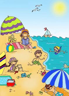 children playing on the beach with umbrellas and toys