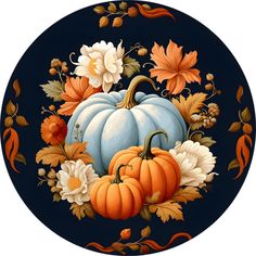 a painting of a pumpkin and flowers on a black background with orange, white, and blue colors