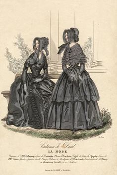 size: 18x12in Art Print: Death, Mourning, Dress : Two Ladies, 19th Century Fashion, Victorian Goth, Victorian Women, French Women, Lace Dress Black, Art Dress, Fashion Plates, Memento Mori