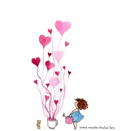 a drawing of a girl watering hearts in a vase