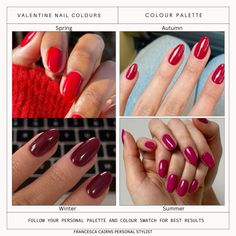 VALENTINE’S RED&PINK NAILS 💅🏼 Here are suggestions for reds and pinks for each seasonal colour analysis: Spring: Reds: Coral red, watermelon red, or strawberry red. Pinks: Soft rose pink, peachy pink, or ballet pink. Summer: Reds: Cool-toned raspberry red, soft cherry red, or rose red. Pinks: Dusty rose pink, mauve pink, or lavender pink. Autumn: Reds: Warm brick red, cinnamon red, or terracotta red. Pinks: Rich berry pink, deep cranberry pink, or rust pink. Winter: Reds: True red, burgundy red, or fiery crimson red. Pinks: Cool-toned fuchsia pink, hot pink, or magenta pink. Visit my website to learn your best colours! @imageconsultantmaidenhead https://www.imageconsultantmaidenhead.co.uk/online-services.html#/ #valentinesday #nail #colouranalysis #coloranalysis Red Pink Nails, Warm Spring Palette, Seasonal Colour Analysis, Color Analysis Summer, Cinnamon Red, Light Spring Colors, Pink Autumn, Deep Winter Colors, Red Watermelon