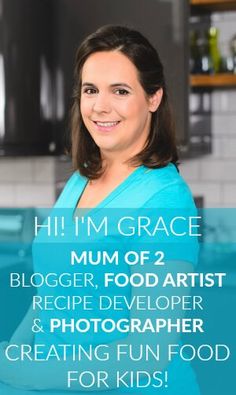 a woman standing in front of a kitchen counter with the words, hi i'm grace mum of 2 blogger food artist recipe development and photographer creating fun food for kids