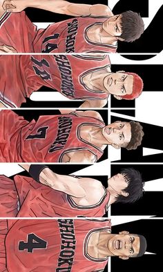 three pictures of the same basketball player in different positions, one is wearing a red jersey