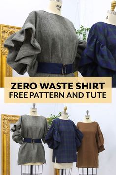 three mannequins are shown with the text zero waste shirt free pattern and tute