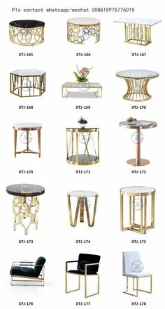 the different types of tables and chairs are shown in this image, with text below them