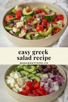 two bowls filled with different types of salads and the words easy greek salad recipe