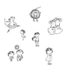 several children's drawings are shown in black and white