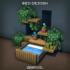 a bed made out of blocks and plants