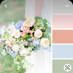 a bride holding a bouquet of flowers in front of her wedding color palettes, including pink, blue and green