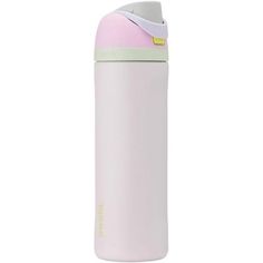 a white and pink water bottle on a white background