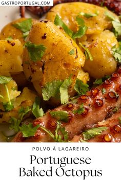 potatoes and meat on a white plate with garnishes in the background text reads polovo lagarero portuguese baked octopus