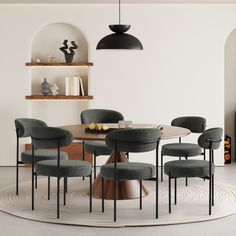 a dining room table with six chairs and a round rug on the floor in front of it