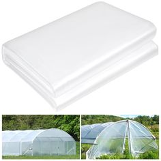 a white sheet that is laying on top of a bed next to a green house