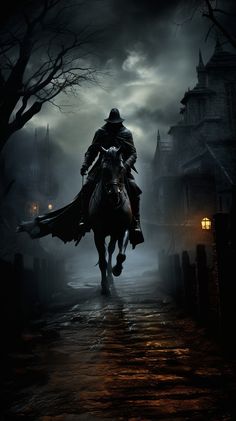 a man riding on the back of a horse in front of a dark city at night