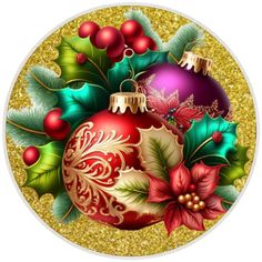 a christmas ornament with holly leaves and red balls on gold glittered background