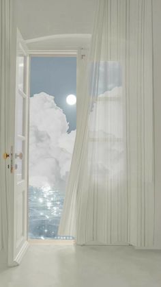 an open door leading to a view of the ocean with clouds and moon in the sky