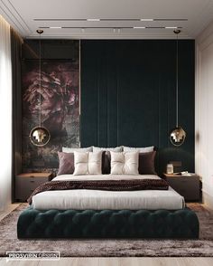 a large bed sitting in the middle of a bedroom next to a wall with paintings on it