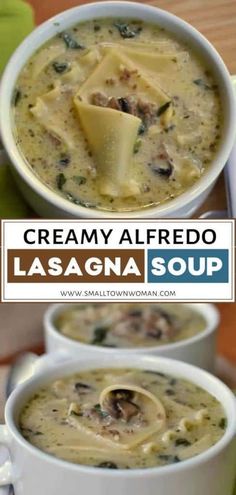 creamy alfredo lasagna soup in two white bowls on a wooden table with text overlay