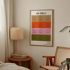 Add a playful nostalgia to your walls with our Sea shells art print. Inspired by the retro tongue twister (She sells sea shells on the sea shore). Taking influence from 1960s book covers and coastal posters, this print would go perfectly in any mid century style bathroom, paired with gold accents and a playful rug adding some beach side nostalgia to your space, or would look oh so lovely in your nursery surrounded by books and family photos. The retro colour palette will add some some retro seas Coastal Posters, Retro Colour Palette, Surrounded By Books, Shell Art Print, Shells Art, Retro Bathroom, Nottingham Uk, Retro Color Palette, Retro Bathrooms