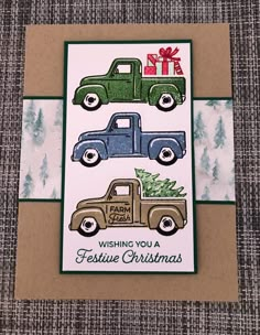 Vintage pickup trucks delivering Christmas delights...This card depicts a downhome country holiday and is sure to please anyone who receives it. Card size is 4.25 x 5.0 inches. Envelope included. Shipped in a clear plastic sleeve. Stampin Up Trucking Along, Countryside Corners, Stampin Up Card Ideas, Truck Stamps, Vintage Truck Christmas, One Horse Open Sleigh