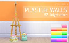 an artist's easel and paintbrush in front of a wall with the words plaster walls 52 bright colors