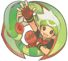 an image of a cartoon character holding onto a green and red snake with his hands in the air