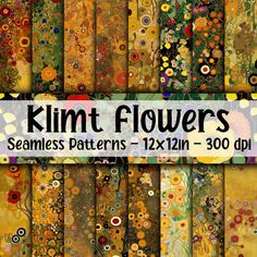 a bunch of different colored flowers on a white and black background with the words klimt flowers