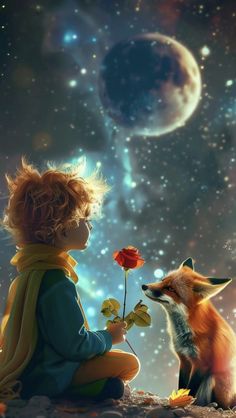 a little boy sitting on the ground next to a red flower and a small fox