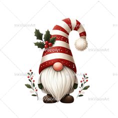 a christmas gnome with holly leaves and berries on it's head, wearing a red and white striped hat