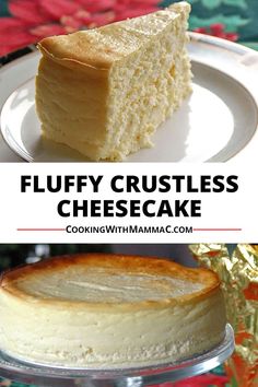 Fluffy Crustless Cheesecake recipe by Cooking with Mamma C. Slice of cheesecake on a plate, crustless cheesecake on a cake stand. Fluffy Cheesecake Recipe, Crustless Cheesecake, Creamy Cheesecake Recipe, Fluffy Cheesecake, Yummy Cheesecake, Cheesecake Recipes Classic, Cheesecake Pie, Ny Style, Easy Cheesecake Recipes