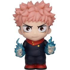 an anime character with pink hair and blue eyes, holding his hands up to the side