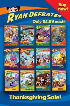 an advertisement for ryan deferates on the back of a blue background with cartoon characters