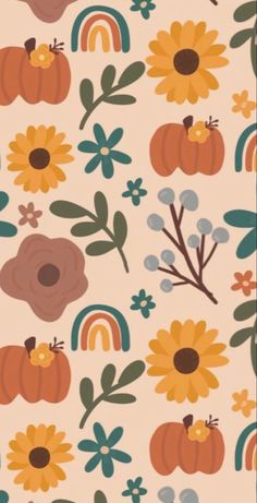 a pattern with sunflowers, pumpkins and rainbows on a white background