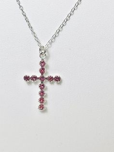 "16\" Pink Swarovski crystal rhinestone cross drop pendant necklace on sterling silver chain. Sterling silver lobster claw. 2\" extension Pendant is pink zircon shades of Swarovski Crystal rhinestone  This beautiful, handmade pendant had incredible sparkle and is suitable for all occasions and perfect gift for women. Great gift to show Christian faith. Arrives in gift box ready for giving. Valentine's Day, Mother's Day, Birthday, Christmas, confirmation, Communion any occasion for small gift." Gift Crystal Rhinestone Necklace With Cross Pendant, Rose Quartz Cross Necklace, Pink Pendant Crystal Necklace Gift, Pink Cross-shaped Jewelry For Gift, Pink Rhinestone Pendant Necklace, Pink Items, Rhinestone Cross, Pink Swarovski, Drop Pendant Necklace