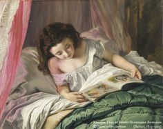 Reading Time by Sophie Gengembre ANDERSON (Artist. Paris, France, 1823-1903 Falmouth, Cornwall, UK). © Private collection. Young girl enjoys a picture book while abed. [Do not remove. Caption required by law.] COPYRIGHT LAW: http://www.pinterest.com/pin/86975836527280978/  PINTEREST on COPYRIGHT:  http://pinterest.com/pin/86975836526856889/ The Golden Rule: http://www.pinterest.com/pin/86975836527744374/  Food for Thought: http://www.pinterest.com/pin/86975836527810134/ Sophie Anderson, People Reading, John Everett Millais, Reading Art, Book People, Woman Reading, Reading In Bed, World Of Books, Girl Reading