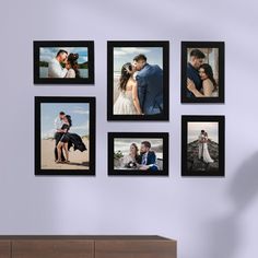 a set of four pictures hanging on the wall next to a dresser