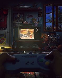 a person holding a game controller in front of an old fashioned tv with the screen turned on