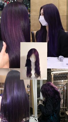 4 picture collage of dark purple hair Midnight Hair Purple, Hair Chemistry, Midnight Hair, Berry Hair, Hair Color Guide, Violet Hair