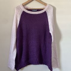 New Without Tags I Had The Tag But It Ripped Off During Time Of Moving Inventory. The Front And Back Of The Sweater Is Deep Purple And The Sleeves Are Light Pink. Side Slits On Sweater. The Style Is Relaxed. Pit To Pit 23" Length 28" Purple Knit Crew Neck Top, Purple Knit Crew Neck Sweater, Purple Crew Neck Knit Sweater, Purple Knit Tops For Layering, Purple Crew Neck Sweater For Layering, Two Tone Sweater, Wooden Ship, Deep Purple, Two Tone