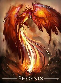 a painting of a fire bird with its wings spread out