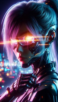 a futuristic woman with neon lights on her face and head, in front of a cityscape