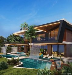 this is an artist's rendering of a modern house with a pool and waterfall