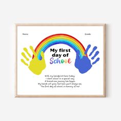 a framed print with the words, my first day of school and two hand prints