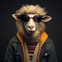 a sheep with sunglasses on its head wearing a jacket and sweater, standing in front of a black background