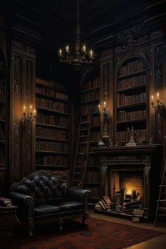 a dark room with a couch, bookshelf and fireplace