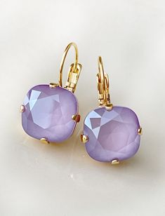 Gorgeous earrings featuring cushion cut 12mm Swarovski crystals in Lilac.  1 inch long.  Lever back earring closure for pierced ears. Lilac Cushions, Lilac Earrings, Wedding Jewelry Earrings, Lavender Purple, Red Shirt, Gorgeous Earrings, Pierced Ears, Bridal Earrings, Wedding Earrings