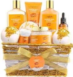 BEST PRICING FREE SHIPPING HIGH QUALITY Gift Basket for Women Father's Day Gifts 10Pc Almond Milk Honey Beauty Personal DETAILS         DELUXE 10 PIECE SET - Our deluxe self-care package is filled with all the body soothing spa essentials a woman needs! Shower Gel, Bubble Bath, Body Scrub, Bath Salt, Bath Oil, Hand Towel, 2 x Ex-Large Bath Bombs and Shower Steamer Tablet. Packed in a stunningly wrapped in a handmade basket, it also has a gift note card for you to personalize it. SKIN SOOTHING ALMOND OIL - This premium beauty & personal care package is infused with Almond Oil and Honey for an invigorating experience that is also one of the best things you can do for your skin! Rich in Vitamin E and Shea Butter to protect and keep skin moisturized. PREMIUM QUALITY INGREDIENTS - Crafted with Gift Basket For Women, Honey Beauty, Bath Kit, Mom Gift Basket, Gift Baskets For Women, Spa Gift Basket, Bath Gift Set, Bath Gift, Relax Spa